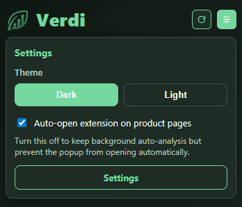 Verdi extension popup with sustainability insights